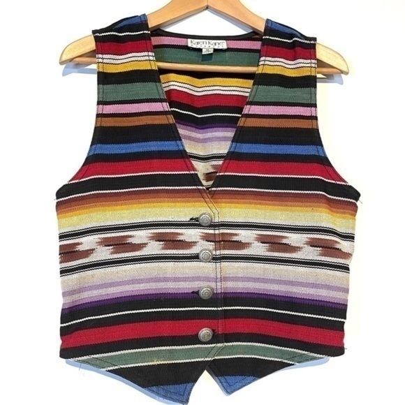 Vintage 80s Southwest Vest Woven Textile Karen Kane Native American Pewter Rare - Picture 2 of 8